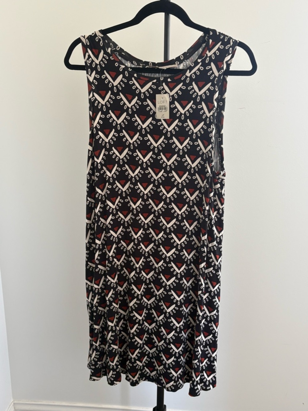 LOFT Black Sleeveless Midi Dress with White and Red Geometric Print